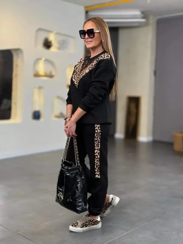 Women's Three Thread Fabric Leopard Patterned Lace Detailed Two Piece Set - 9