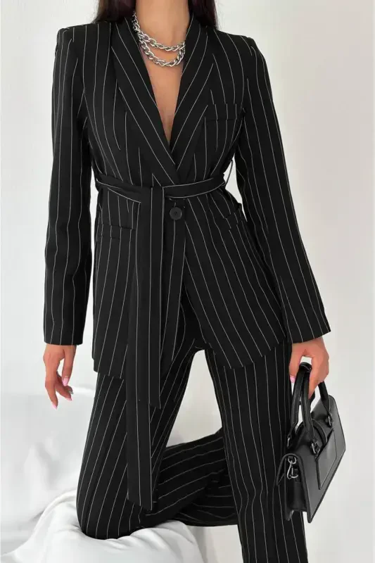 Women's Tie Detailed Faux Pocket Belted Shawl Collar Blazer Jacket Pipe Leg Flexible Pants Suit-Black Striped - 3