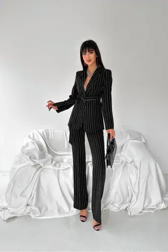 Women's Tie Detailed Faux Pocket Belted Shawl Collar Blazer Jacket Pipe Leg Flexible Pants Suit-Black Striped - 4