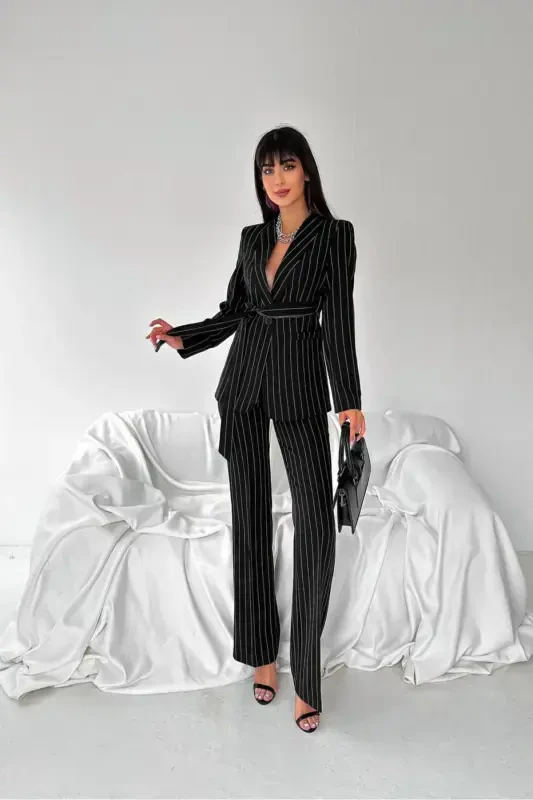 Women's Tie Detailed Faux Pocket Belted Shawl Collar Blazer Jacket Pipe Leg Flexible Pants Suit-Black Striped - 4