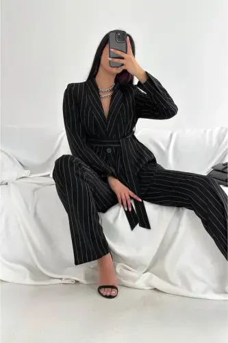 Women's Tie Detailed Faux Pocket Belted Shawl Collar Blazer Jacket Pipe Leg Flexible Pants Suit-Black Striped - 5