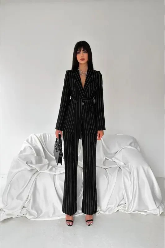 Women's Tie Detailed Faux Pocket Belted Shawl Collar Blazer Jacket Pipe Leg Flexible Pants Suit-Black Striped - 7