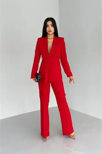 Women's Tie Detailed Faux Pocket Belted Shawl Collar Blazer Jacket Pipe Leg Flexible Pants Suit-Red - 1