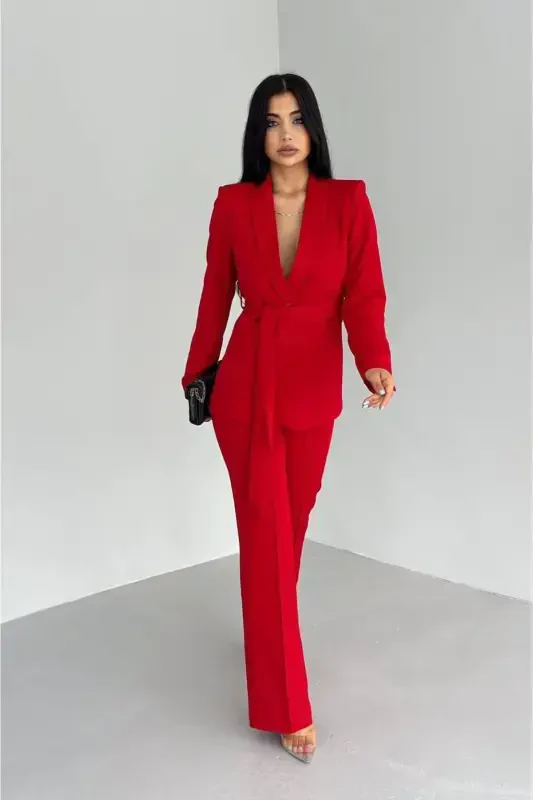 Women's Tie Detailed Faux Pocket Belted Shawl Collar Blazer Jacket Pipe Leg Flexible Pants Suit-Red - 2