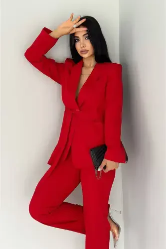 Women's Tie Detailed Faux Pocket Belted Shawl Collar Blazer Jacket Pipe Leg Flexible Pants Suit-Red - 3