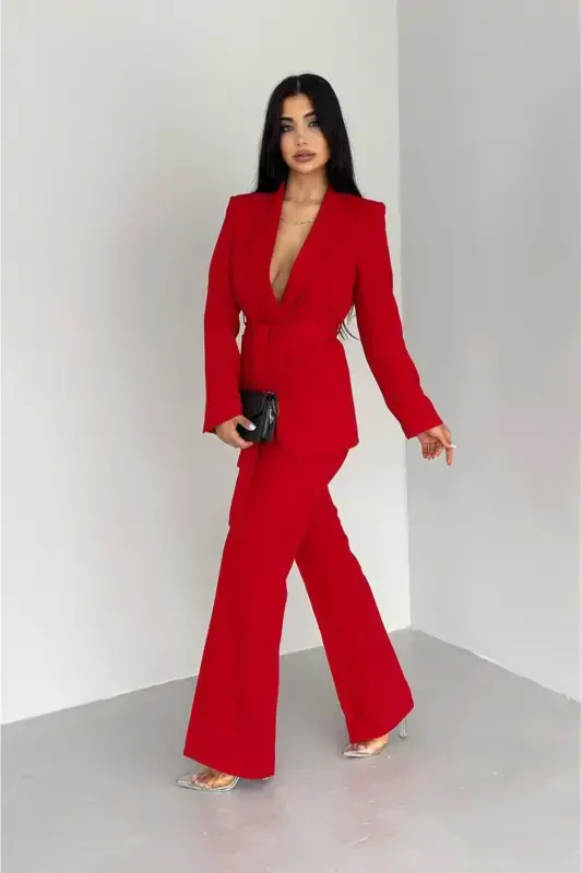 Women's Tie Detailed Faux Pocket Belted Shawl Collar Blazer Jacket Pipe Leg Flexible Pants Suit-Red - 4