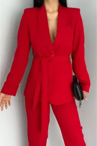 Women's Tie Detailed Faux Pocket Belted Shawl Collar Blazer Jacket Pipe Leg Flexible Pants Suit-Red - 5