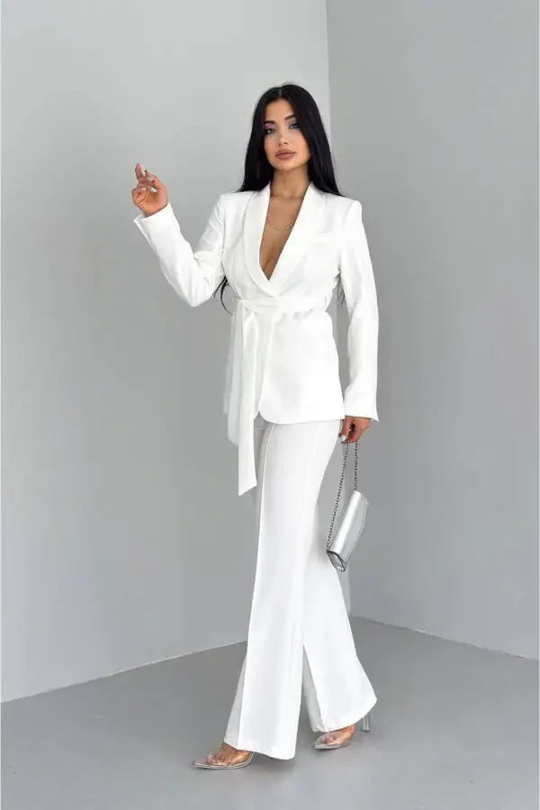 Women's Tie-Front Faux Pocket Belted Shawl Collar Blazer Jacket Straight Leg Elastic Trousers Suit Dress - 5