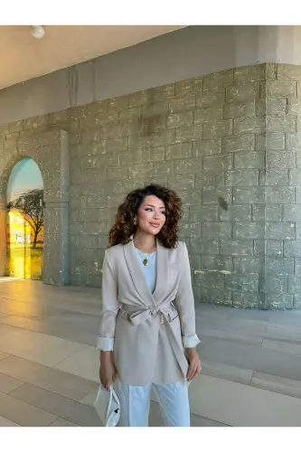 Women's Tie-Waist Blazer Jacket - Cream - 4