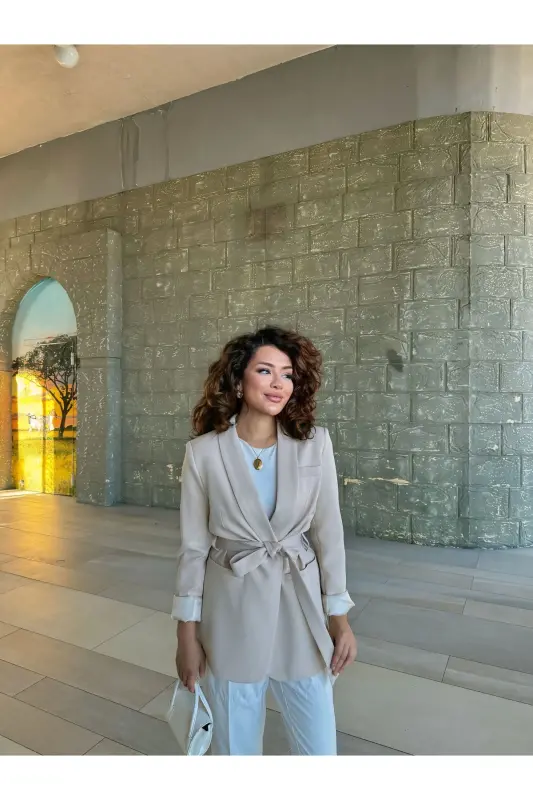 Women's Tie-Waist Blazer Jacket - Cream - 4