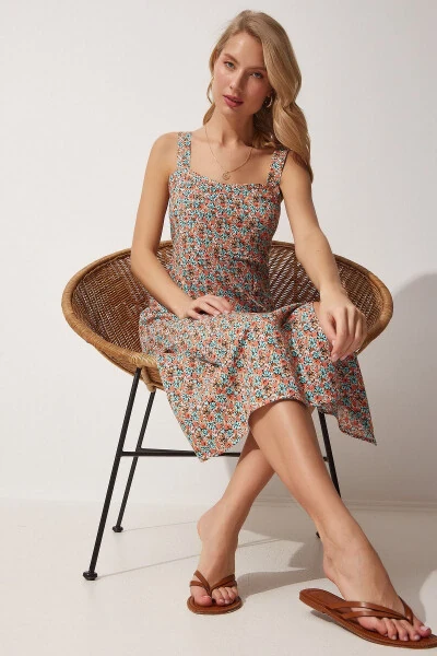 Women's Tile Blue Square Neck Floral Summer Viscose Dress DD01208 - HAPPINESS İSTANBUL (1)