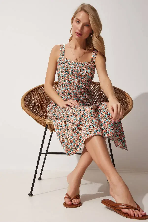 Women's Tile Blue Square Neck Floral Summer Viscose Dress DD01208 - 2