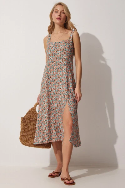 Women's Tile Blue Square Neck Floral Summer Viscose Dress DD01208 - 3