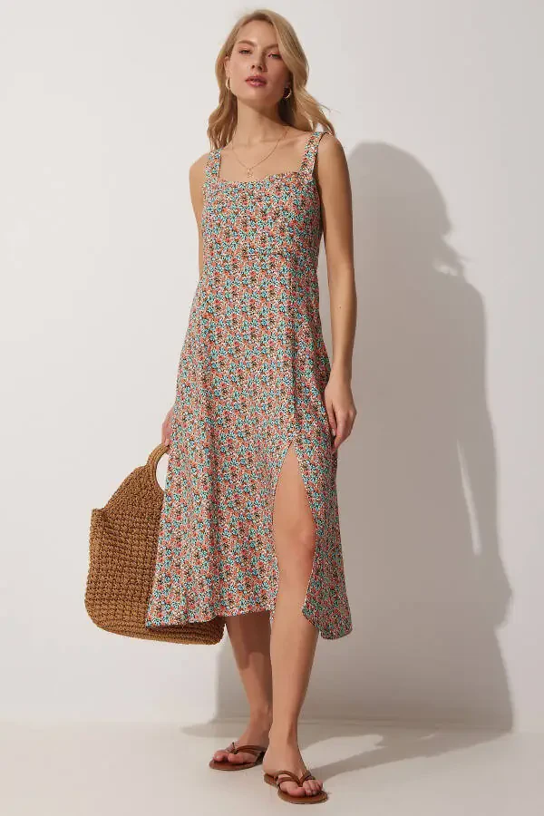 Women's Tile Blue Square Neck Floral Summer Viscose Dress DD01208 - 3