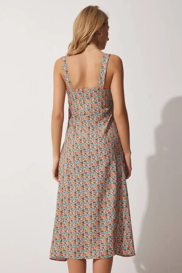 Women's Tile Blue Square Neck Floral Summer Viscose Dress DD01208 - 4