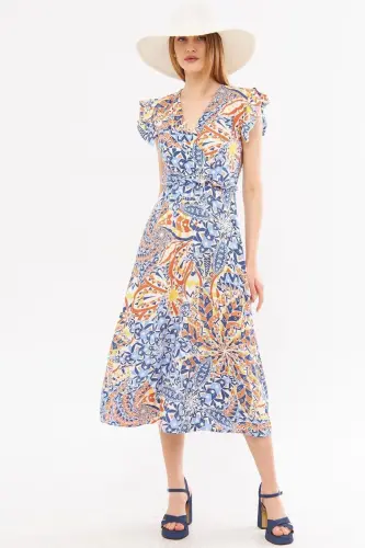 Women's Tile Crossover Neckline Ruffle Detail on Shoulder Elastic Waist Midi Dress ARM-24Y001020-Tile - 1