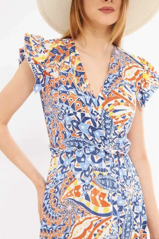 Women's Tile Crossover Neckline Ruffle Detail on Shoulder Elastic Waist Midi Dress ARM-24Y001020-Tile - 2