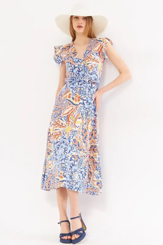 Women's Tile Crossover Neckline Ruffle Detail on Shoulder Elastic Waist Midi Dress ARM-24Y001020-Tile - 4