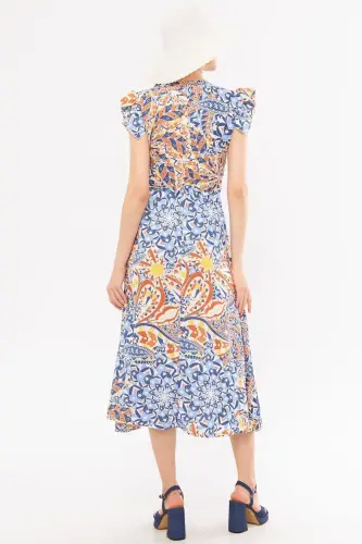 Women's Tile Crossover Neckline Ruffle Detail on Shoulder Elastic Waist Midi Dress ARM-24Y001020-Tile - 5