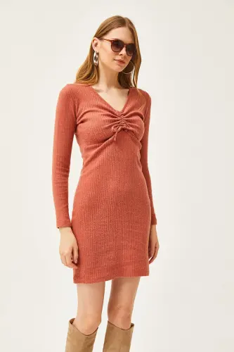 Women's Tile Dress with Smock Detail and Fleece Lining - Mini Dress ELB-19002041-Tile - 5