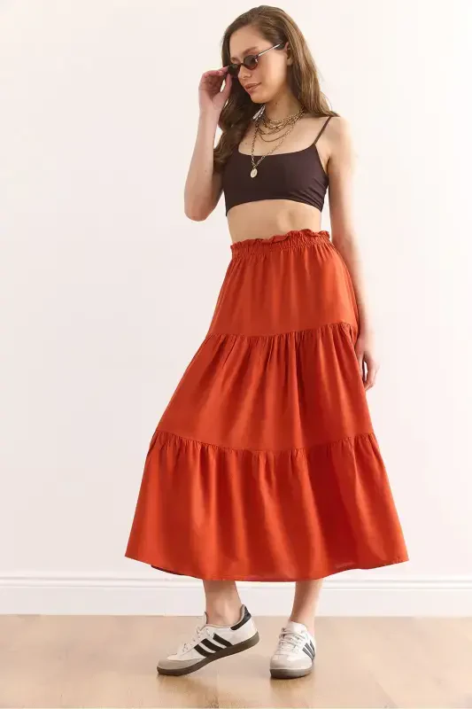 Women's Tile Tiered Midi Woven Skirt ETK - OLALOOK