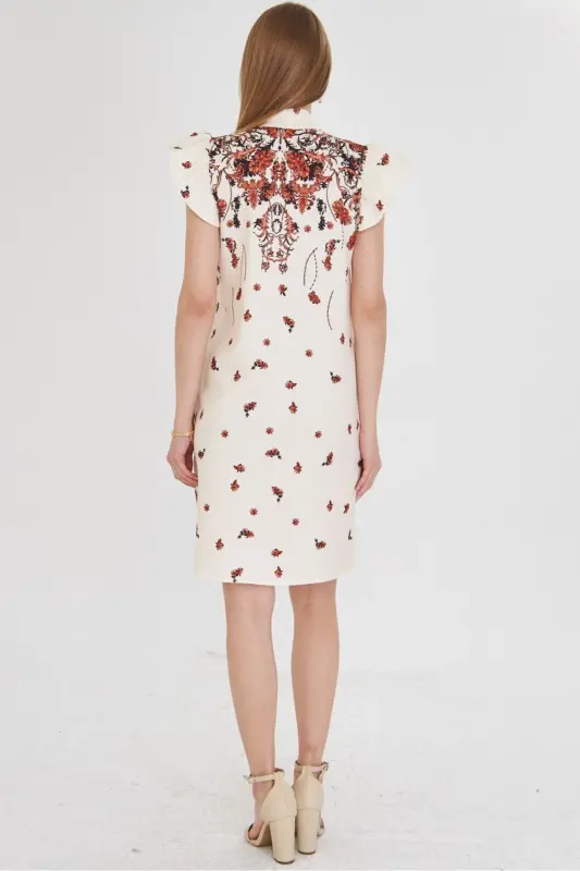 Women's Tile V Neck Ruffled Sleeve Tie Detail - ARMONIKA