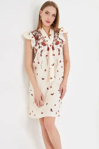 Women's Tile V Neck Ruffled Sleeve Tie Detail - ARMONIKA (1)