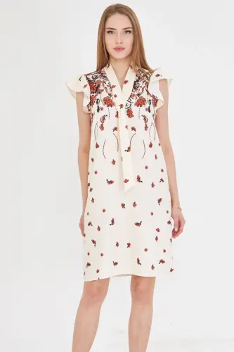 Women's Tile V Neck Ruffled Sleeve Tie Detail - 3