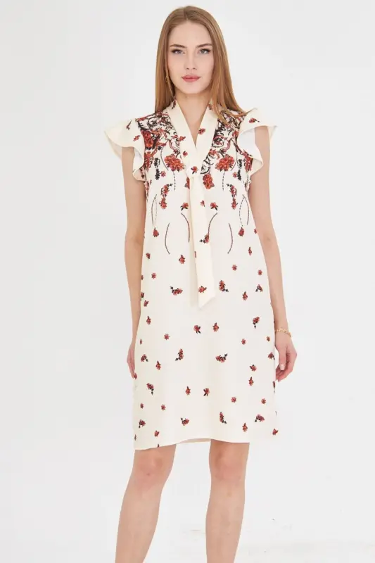 Women's Tile V Neck Ruffled Sleeve Tie Detail - 3