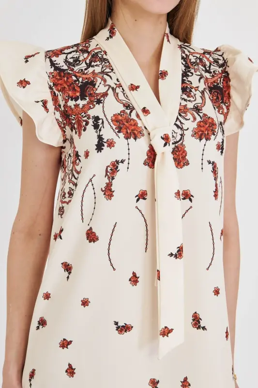 Women's Tile V Neck Ruffled Sleeve Tie Detail - 4