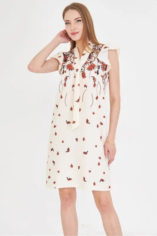 Women's Tile V Neck Ruffled Sleeve Tie Detail - 5