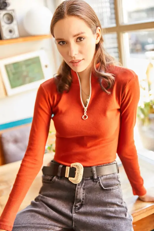 Women's Tile Zippered Fisherman Collar Lycra Blouse BLZ-19001155-Tile - 2