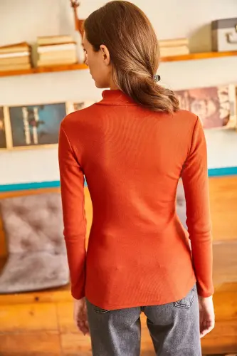 Women's Tile Zippered Fisherman Collar Lycra Blouse BLZ-19001155-Tile - 6