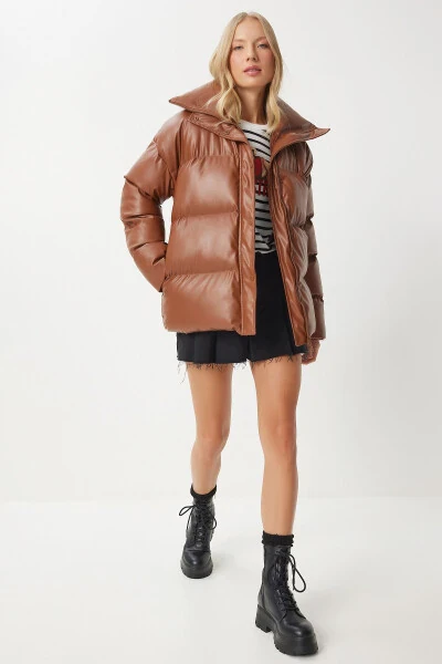 Women's Tobacco Stand-up Collar Faux Leather Puffer Jacket PYS0029 - HAPPINESS İSTANBUL