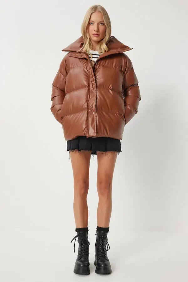 Women's Tobacco Stand-up Collar Faux Leather Puffer Jacket PYS0029 - 2