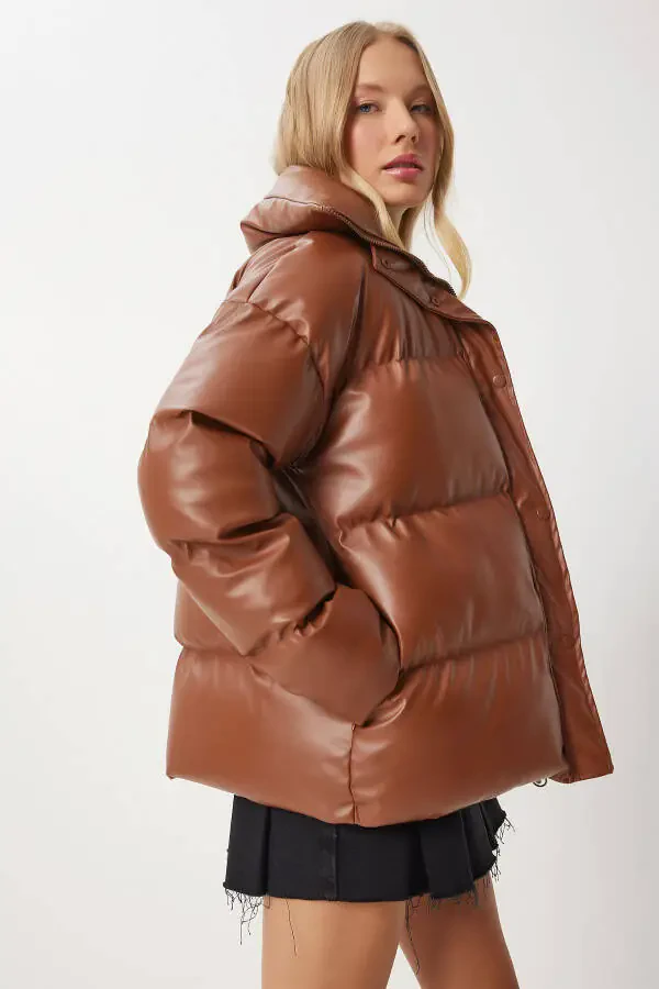 Women's Tobacco Stand-up Collar Faux Leather Puffer Jacket PYS0029 - 3