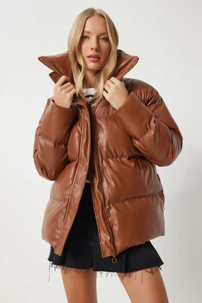 Women's Tobacco Stand-up Collar Faux Leather Puffer Jacket PYS0029 - 4