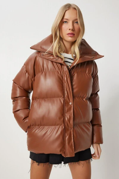 Women's Tobacco Stand-up Collar Faux Leather Puffer Jacket PYS0029 - 5