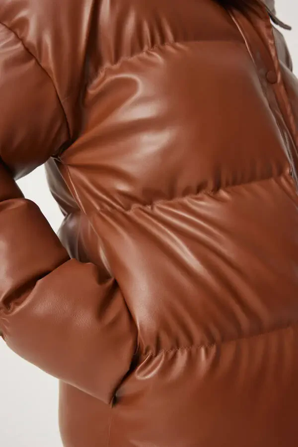 Women's Tobacco Stand-up Collar Faux Leather Puffer Jacket PYS0029 - 6