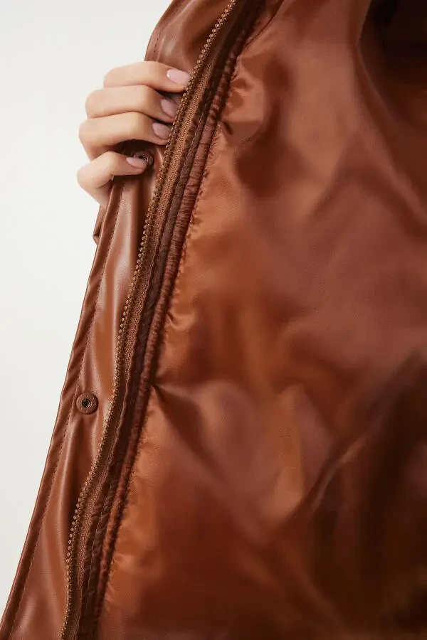 Women's Tobacco Stand-up Collar Faux Leather Puffer Jacket PYS0029 - 7