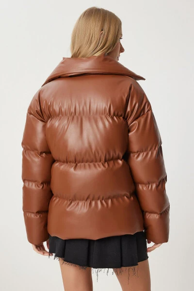 Women's Tobacco Stand-up Collar Faux Leather Puffer Jacket PYS0029 - 8