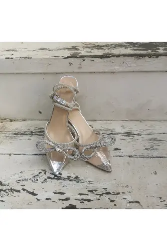 Women's Transparent 7 Cm Stiletto Bridal Shoes with Stones and Bow 