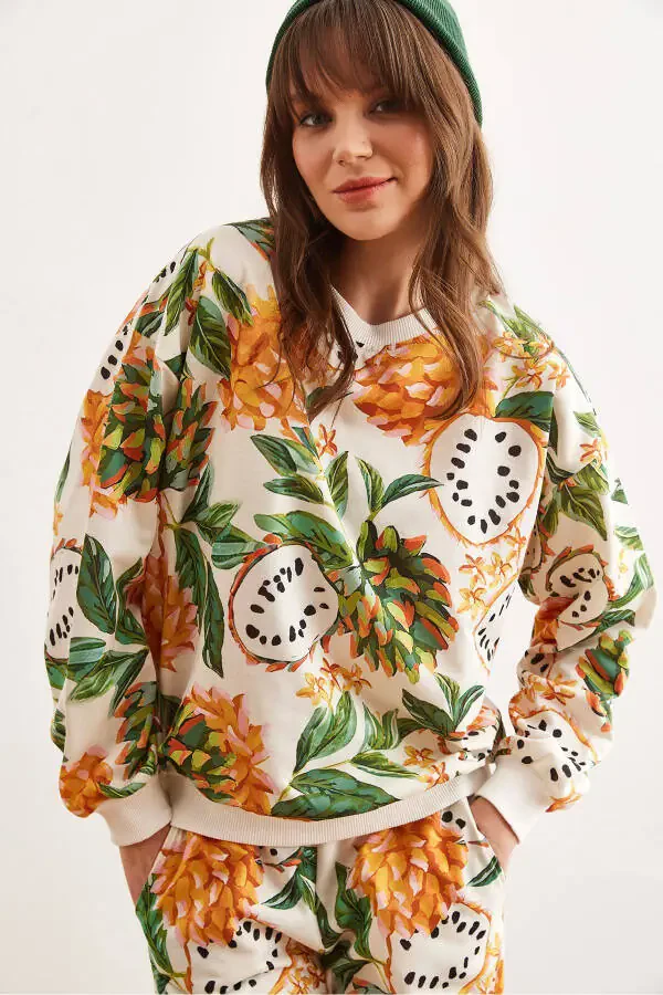 Women's Tropical Ecru Basic Soft Textured Oversized Sweatshirt SWT-19000457 - 1