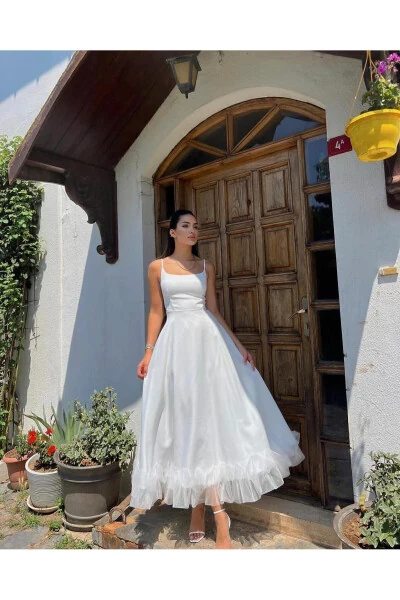 Women's Tulle Detailed Strappy Midi Length Evening Dress Premium Dress - GENEL MARKALAR