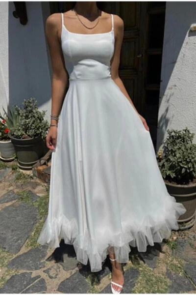 Women's Tulle Detailed Strappy Midi Length Evening Dress Premium Dress - GENEL MARKALAR (1)