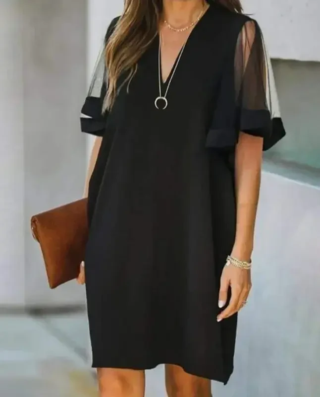 Women's Tulle Short Sleeve V-Neck Crepe Dress - 1