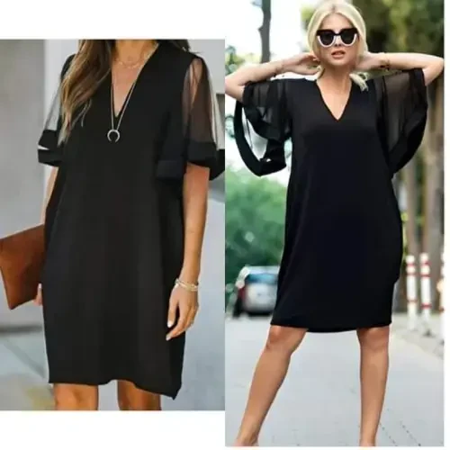 Women's Tulle Short Sleeve V-Neck Crepe Dress - BÜYÜKBEDENIZ (1)