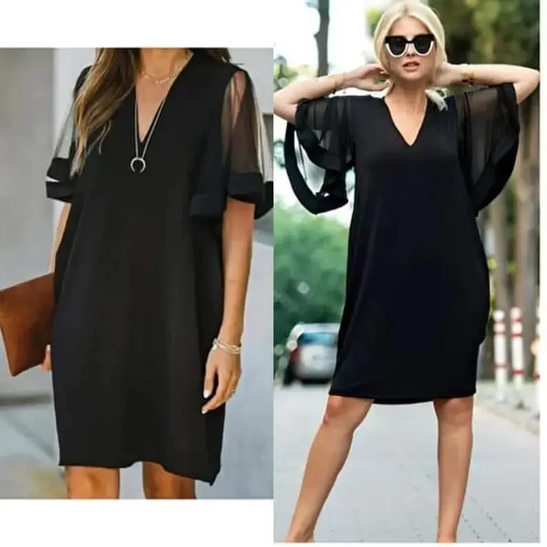 Women's Tulle Short Sleeve V-Neck Crepe Dress - 2