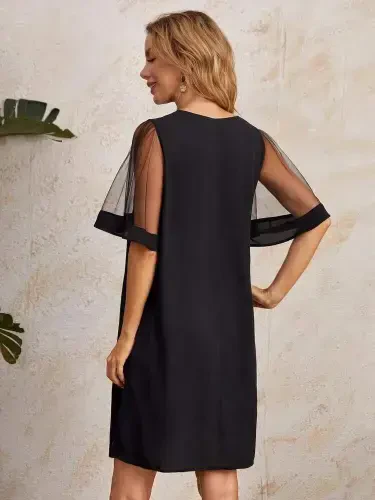 Women's Tulle Short Sleeve V-Neck Crepe Dress - 4