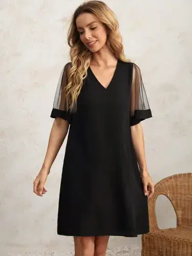 Women's Tulle Short Sleeve V-Neck Crepe Dress - 5